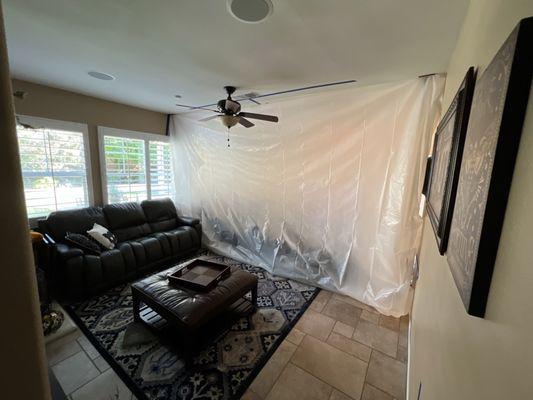 Taping off kitchen for demo and efficient dry out