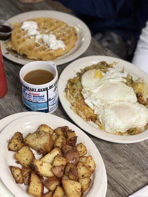 Belgium waffles, breakfast skillet, house fries seasoned