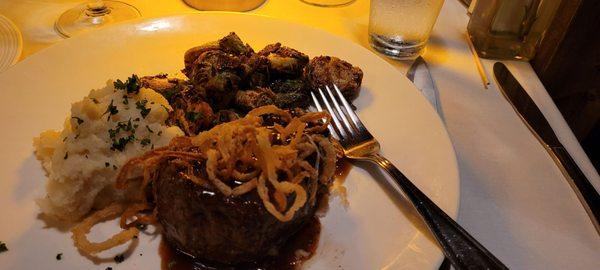 Petite filet with Brussel sprouts and buttermilk mashed potatoes.