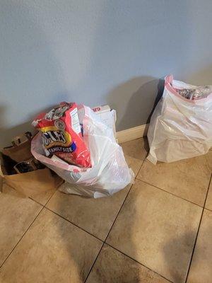 The garbage that accumulated because no one thought to bring garbage bags when they packed