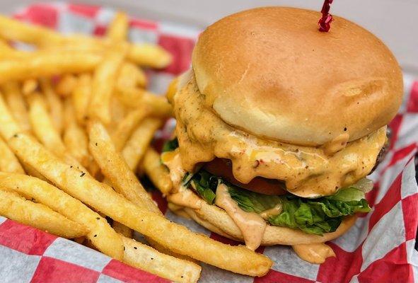 The Tres Amigos Burger with our signature Chipotle Mayo