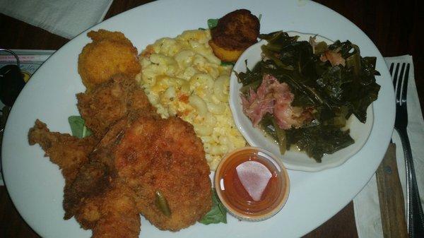 Pork Chops with 2 sides. $ 12 Mac and Cheese and Collard Greens