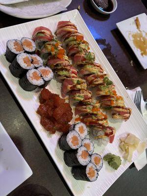 Two double tuna rolls, Sake Maki (Salmon Roll), Spicy Tuna Roll