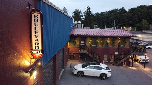 Drone capturing a sideview of our building during sunset!