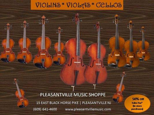 We carry a full line of all sizes of Violins, Violas & Cellos