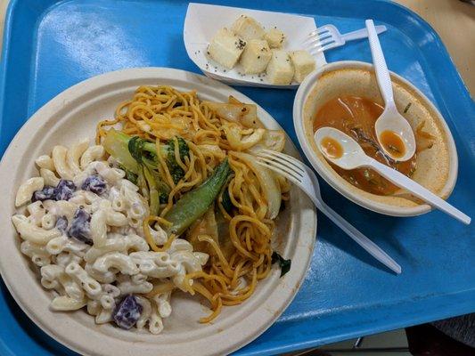 Hot and spicy kimchi soup, tofu fries and hawaiin noodles