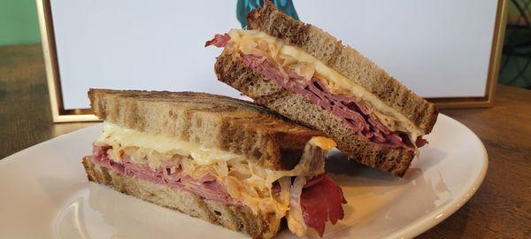 Corned Beef Reuben on marble rye (Michigan Bread Co.)