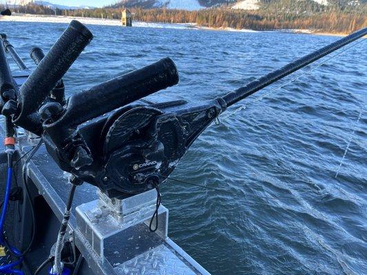 Battling the elements. Frozen spray on the downrigger.