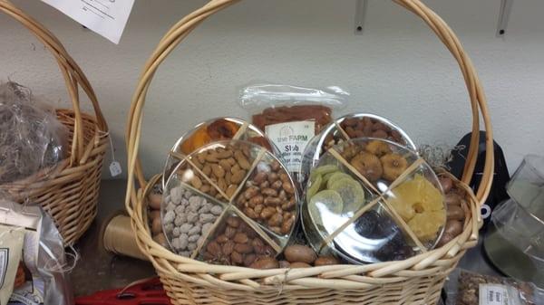 Gift baskets with dried fruits and nuts.