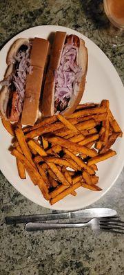 Kids hotdogs and sweet potato fries.