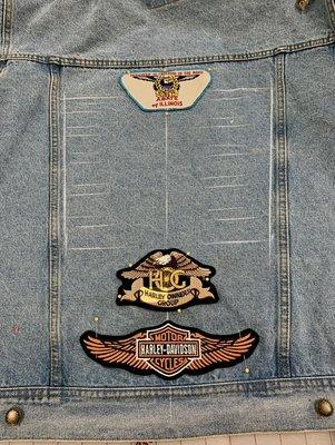 Placing patches on denim jacket