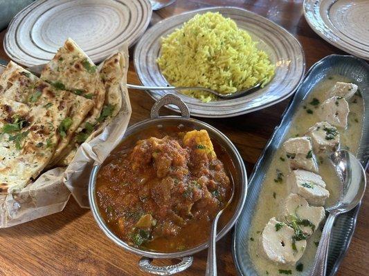 Garlic Basil Naan, Lemon Rice, Aloo Gobi, and Ginger Lime Chicken