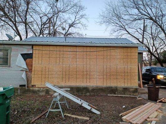 Framed up section of wall and sheeted (installed plywood)