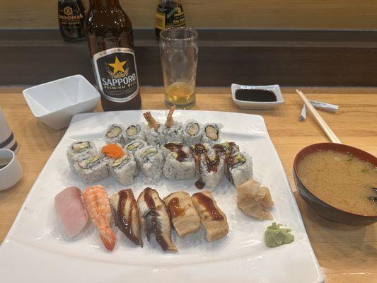 Yellow tail, ebi, 2x unagi, 2x anago, California roll, unagi roll, ebi tempura roll