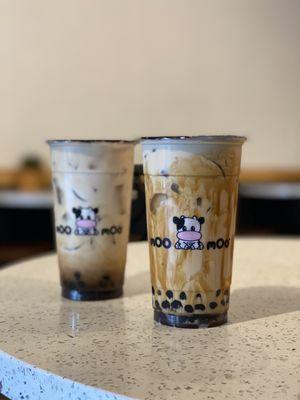 Front: Dirty Jasmine Milk Tea  Back: Moo Moos Latte