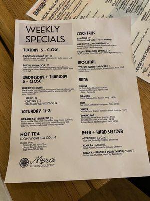 weekly specials menu