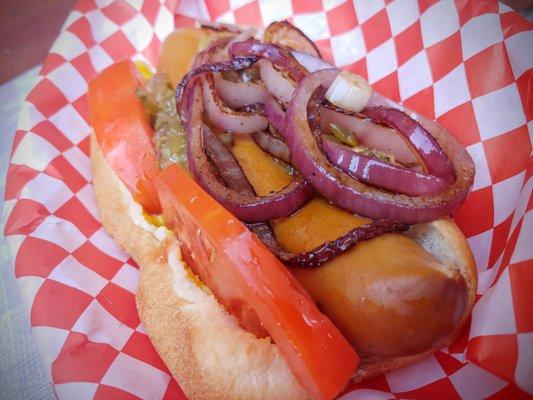 Polish dog with grilled onions.