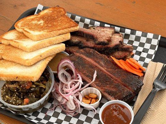 Brisket, pork ribs, collard greens