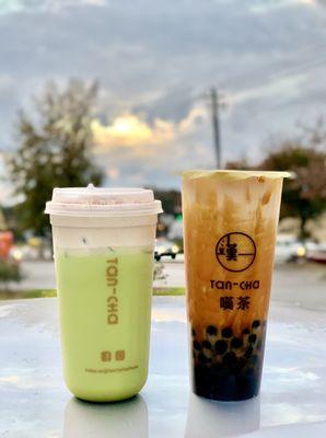 Uji Green Milk Tea with Tiramisu Foam and Brown Sugar Milk Tea with Boba