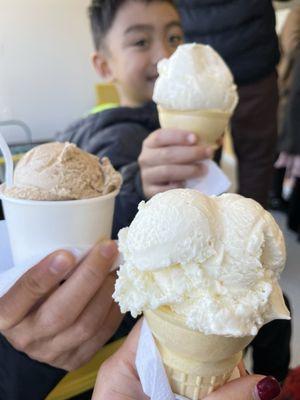 Milk tea in a cup, lychee in a wafer cone