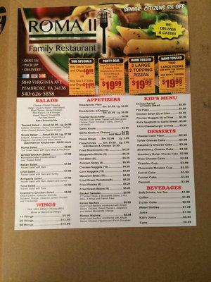 Front of take out menu