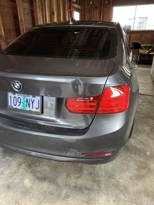 Bmw sedan. Deep Crease dent on a bodyline. Repaired in portland Oregon