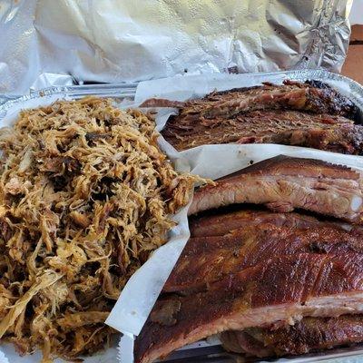 Pulled pork, ribs and brisket.