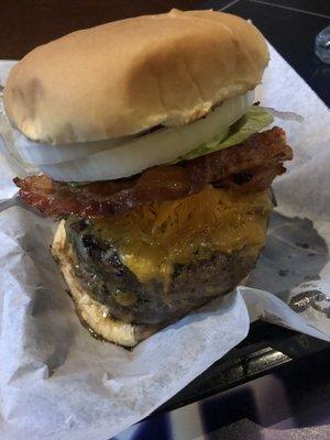 It's a tower of food. Two Patties that are about an inch high EACH! That's two inches.