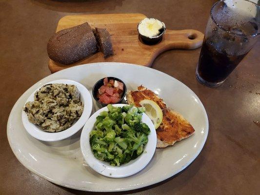 Salmon steak with Pico de Gallo on the side, plus steamed broccoli and wild rice for sides! Fresh brown bread, too!