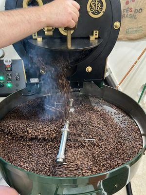 Dave roasting up some fresh barrel back espresso beans. My favorite.