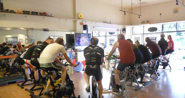 Getting ready for the Thursday night spin class.  Come de-stress with us from 6:10 to 7:10 pm.