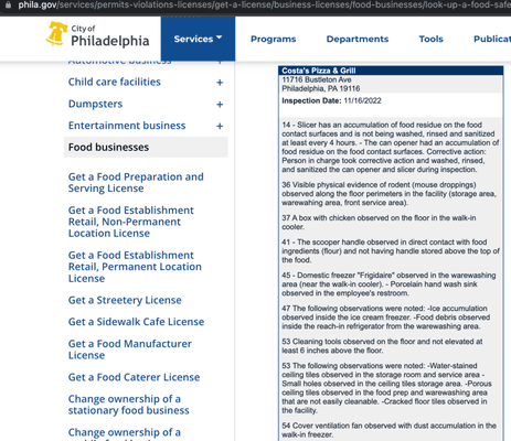Mouse feces found by the city during the last inspection! Plus, many other disgusting violations! Ew and yuck!