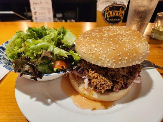 Nashville hot chicken sandwich with side salad. Needs an item for scale, that's a big bun.