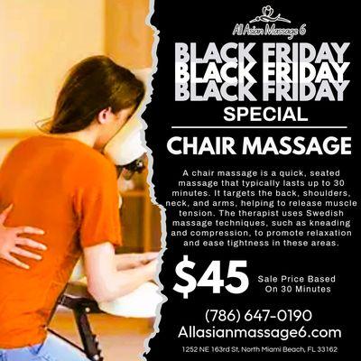 A chair massage is a quick, seated massage that typically lasts between 20 to 40 minutes. It targets the back, shoulders, neck, and arms, he