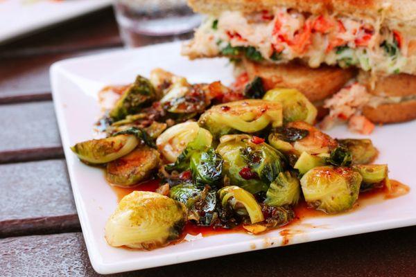 Brussels Sprouts with Crispy Pork Belly and Hot Sriracha Honey