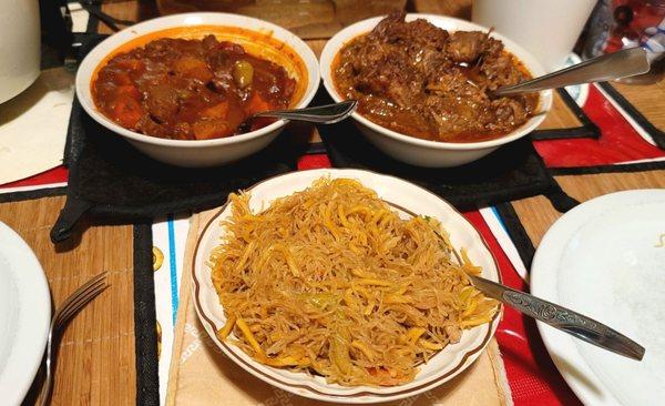 Beef Caldereta, Pork Adobo and Pancit