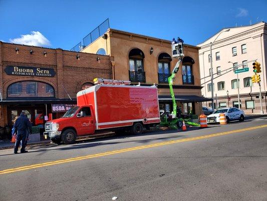 Our Mobile Shops Truck #1 and our aerial lift at the highly popular Buona Sera Restaurant !!