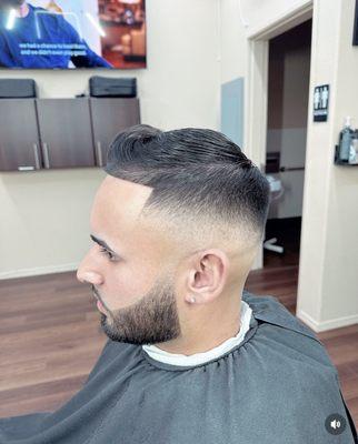 Bald Fade combover w/ beard & eyebrows by Steven the Barber