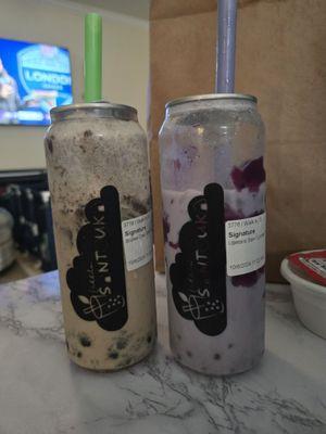 The left is the Brulee Oreo milk tea and the right is the ubetaro san signature tea. Half drank lol