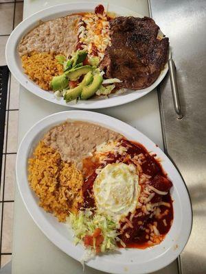 Steak with enchiladas plate with refried beans and rice and Enchiladas Montadas with rice and refried beans.