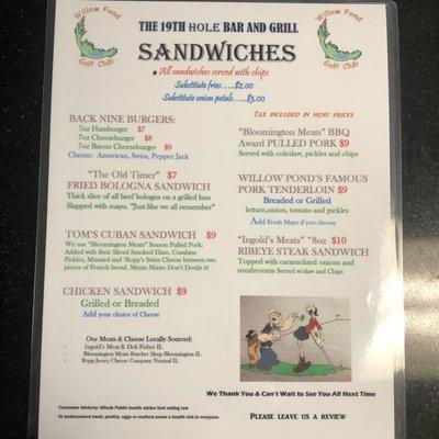 Sandwich menu