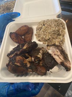 Jerk Chicken with Cajun Dirty Rice and Fried Plantains