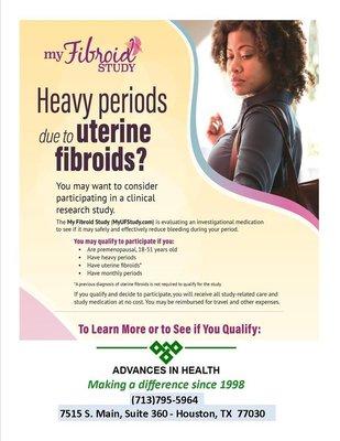 Advances in Health
7515 Main Street Suite 360
Houston,TX 77030
713-795-5964
http://www.advancesinhealthresearch.com