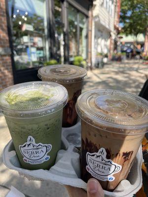 Matcha latte, coconut latte, peach latte