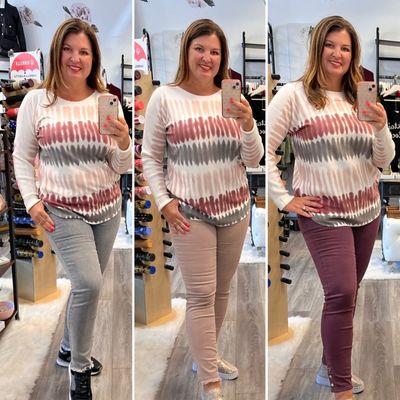 Charlie B sweater with different options for matching jeans