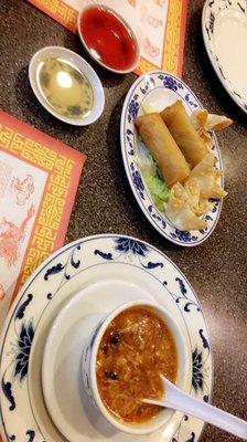 Hot and sour soup, egg rolls, and cream cheese wontons