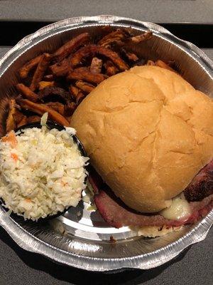 BBQ Brisket with Jack cheese sandwich and sweet potato fries