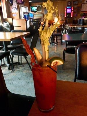 Yummy Bloody Mary - one of the best in Charleston! Celery, bacon, pickle, olives, lemon, lime- delicious!