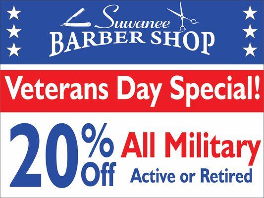 Thank you for your sacrifice and service. We would like to offer all veterans 20% off through Monday as a small token of our appreciation.