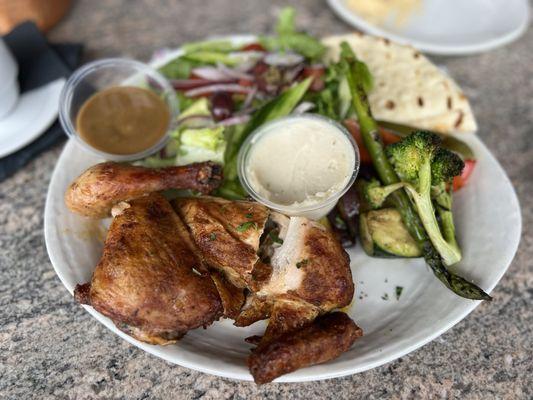 Roasted Half Chicken. Side Mediterranean salad and Grilled Vegetables.